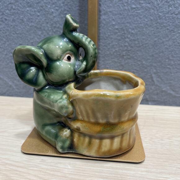 Unbranded Other - Vintage MCM Green Elephant Glazed Ceramic Planter Pot Holder Good Luck Posed